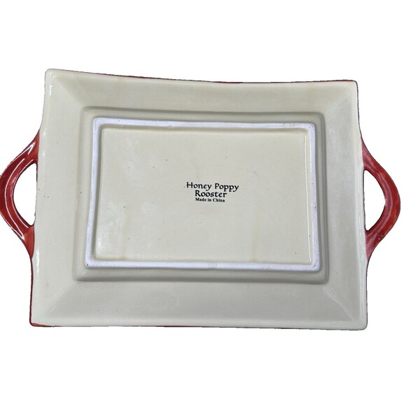 Honey Poppy Rooster Rectangular Platter with Handles Glossed Ceramic 13.5 Inches - Picture 7 of 9
